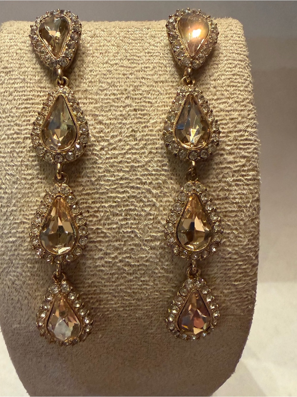 Gold Teardrop Dangle Earrings with Champagne Crystals